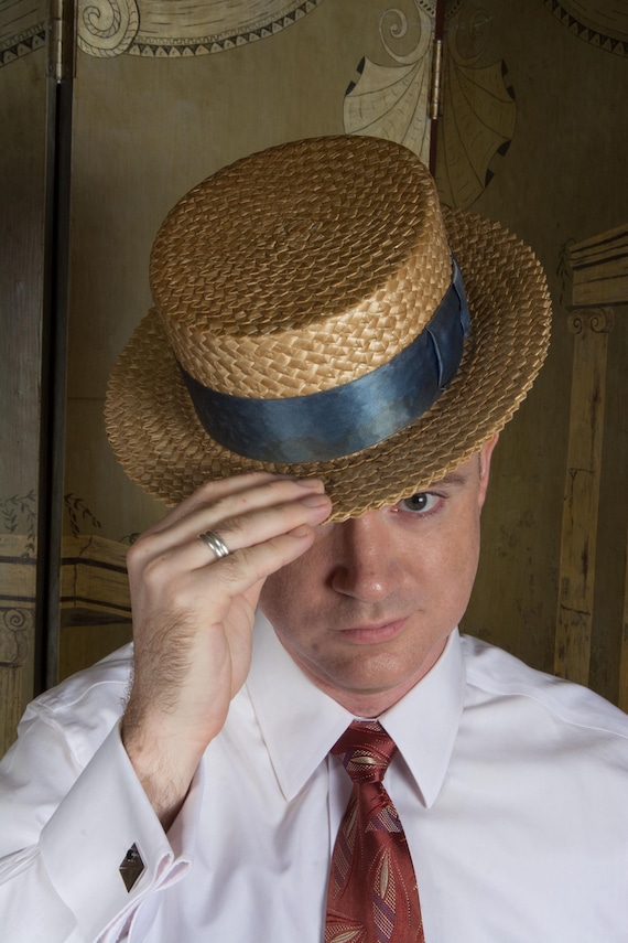 Vintage 1910s 1920s Gorgeous Straw Boater Approx Size of Pale Sennit Straw with Blue Silk Band