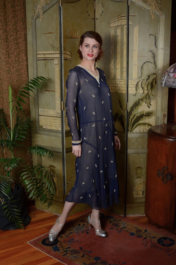 1920s Dress - Ultra Sheer Late 20s Blue Tissue Silk Chiffon Diaphanous Day Dress
