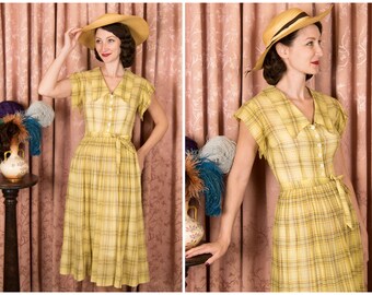 1930s Dress - Charming Vintage 1930s Cotton Plaid Deco Day Dress with Skirt Altered c. 1950s