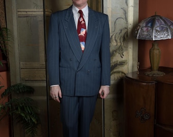 Rare Vintage Mid 1940s Bold Double Breasted Blue Striped Wool Suit with Low Button Stance