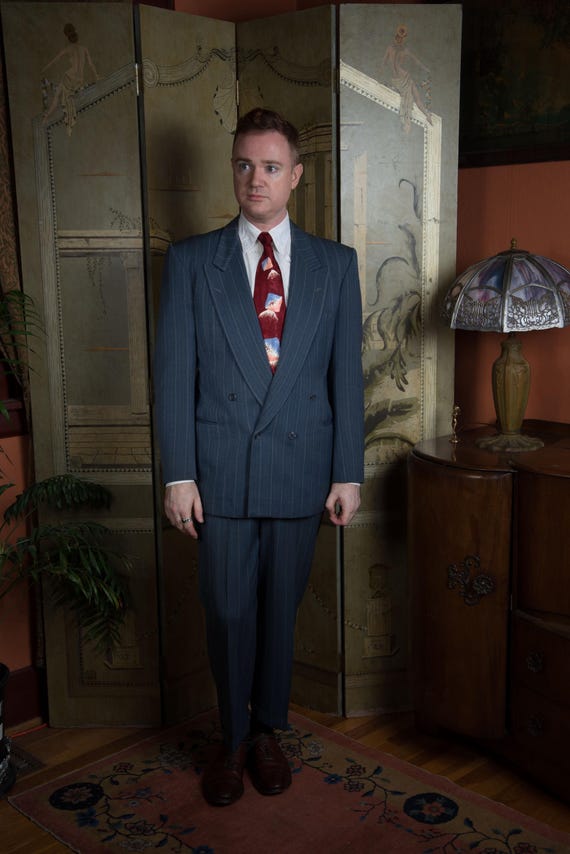 Rare Vintage Mid 1940s Bold Double Breasted Blue Striped Wool Suit with Low Button Stance