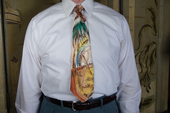 Vintage 1940s Novelty Beach Umbrellas Wide Satin Tie in Brown and White with Green, Yellow and Blue