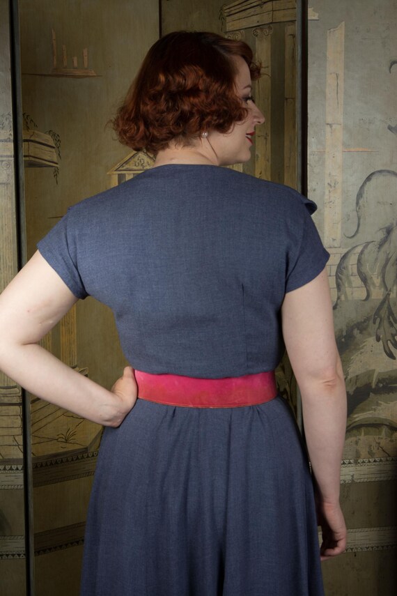 1940s Dress - Super Soft Vintage Late 40s Day Dress of Heathered Blue Rayon Gabardine with Wide Collar