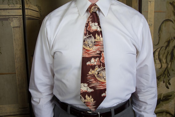 Vintage 1940s Novelty Print Necktie by ARROW with Wooden Roman Sailing Ships