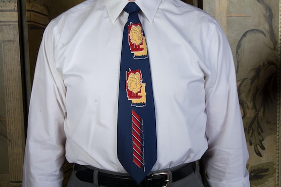 Vintage 1940s Bold Wide Tie in Blue with Red and Yellow Trees and Military Inspired Hash Marks
