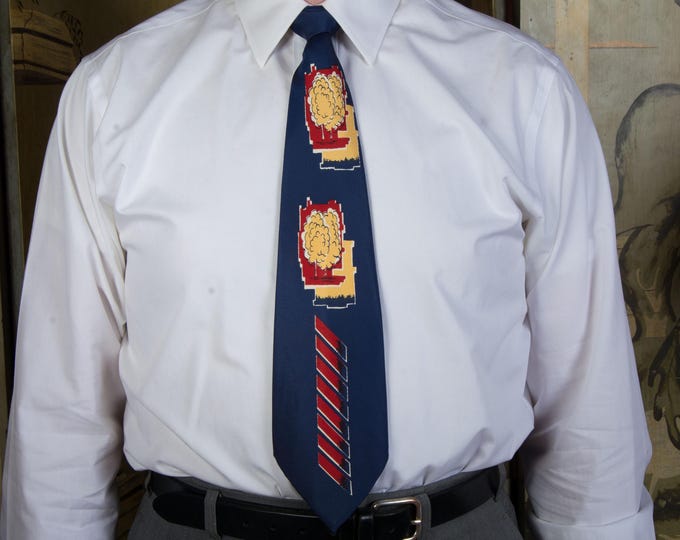 Vintage 1940s Bold Wide Tie in Blue with Red and Yellow Trees and Military Inspired Hash Marks