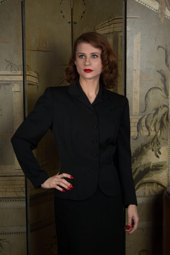 1940s Jacket - Smartly Tailored Vintage Late 1940s Suit Jacket in Black Gabardine by Frank Gallant