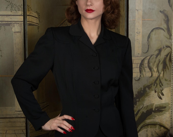 1940s Jacket - Smartly Tailored Vintage Late 1940s Suit Jacket in Black Gabardine by Frank Gallant