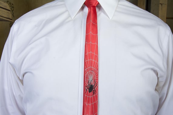 Vintage 1960s Killer Spiderweb Red Satin Skinny Tie with Black Spider - Superhero Vibes