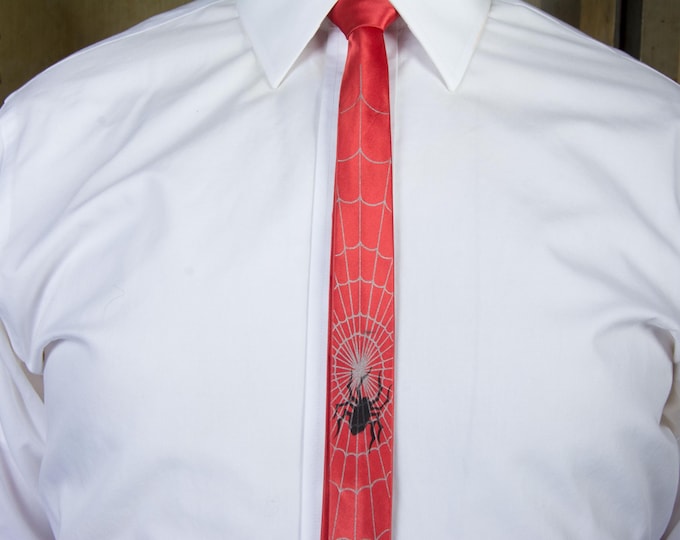 Vintage 1960s Killer Spiderweb Red Satin Skinny Tie with Black Spider - Superhero Vibes