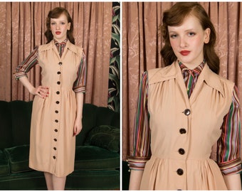 1940s Dress - Smart Vintage 40s Sleeveless Button Front Sportswear Dress in Peachy Beige by Designers Guild, a Gilbert Fashion