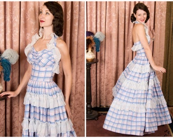 1940s Dress - Late 40s EMMA DOMB Pink and Blue Full Length Cotton Plaid Halter Dress with White Frilled Ruffles