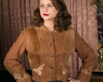 1940s Western Wear - Vintage 30s Desert Suedes Pony Fur and Suede Western Jacket With Appliques and Wooden Buttons