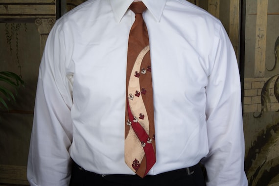 Vintage 1950s Ultra Shiny Satin Tie in Brown with Peach and Red by Hollyvogue