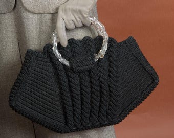 1930s Purse - Sturdy Woven Cordé Handbag with Ribbed Details and Curling Lucite Handle