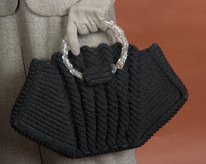1930s Purse - Sturdy Woven Cordé Handbag with Ribbed Details and Curling Lucite Handle