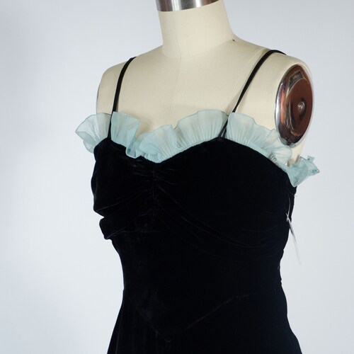 4 Day Backstock SALE - Size Small - 1940s Black Velvet Gown with shops Aqua Ruffles - Item #187