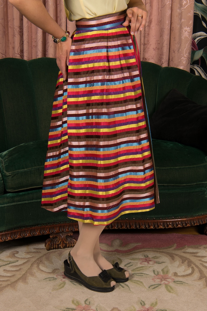 1950s Skirt Vintage 50s Lush Rainbow Striped Pleated Skirt with Wide Waistband image 7