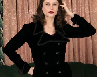 1950s Jacket - Inky Black Nipped Waist 50s Jacket with Double Breasted Closure and Braided Ribbon Trim on a Giant Collar