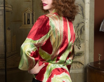 Enthralling Vintage 1940s Bold Macro Floral Hand Painted Satin Peplum Jacket in Red, Chartruese and Lime from Mexico