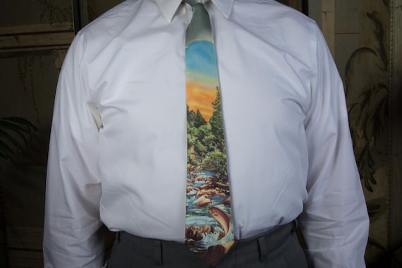 Vintage 1950s Photo Color Fishing Novelty Tie "It's a Catch" Bright Photoprint Necktie