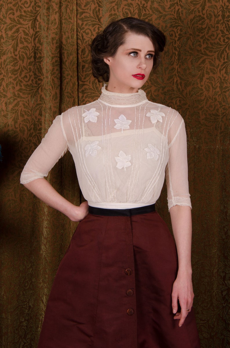 Edwardian Blouse Antique 1910s Titanic Era Ivory Cotton Net Bodice Blouse with Pintucks and Appliqued Leaves image 2