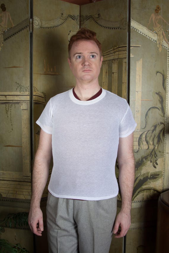 Vintage 1950s Men's Mesh Fishnet Cotton White Undershirt T Shirt