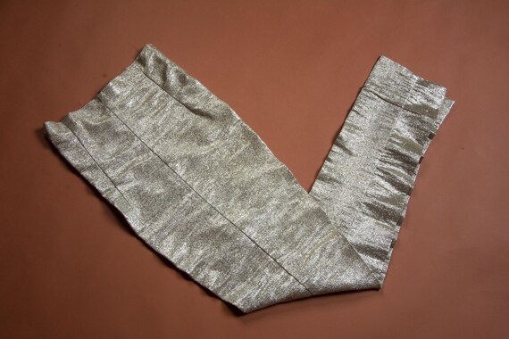 1960s to 70s Vintage Silver Lurex Sparkle Ultra High Waist, Super Fitted Glam Disco Drag Pants with Zippered Legs