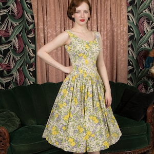 1950s Dress Painterly Vintage 50s Cotton Floral Sundress with Dropped Basque Waist in White, Periwinkle, Olive and Sunny Yellow image 1