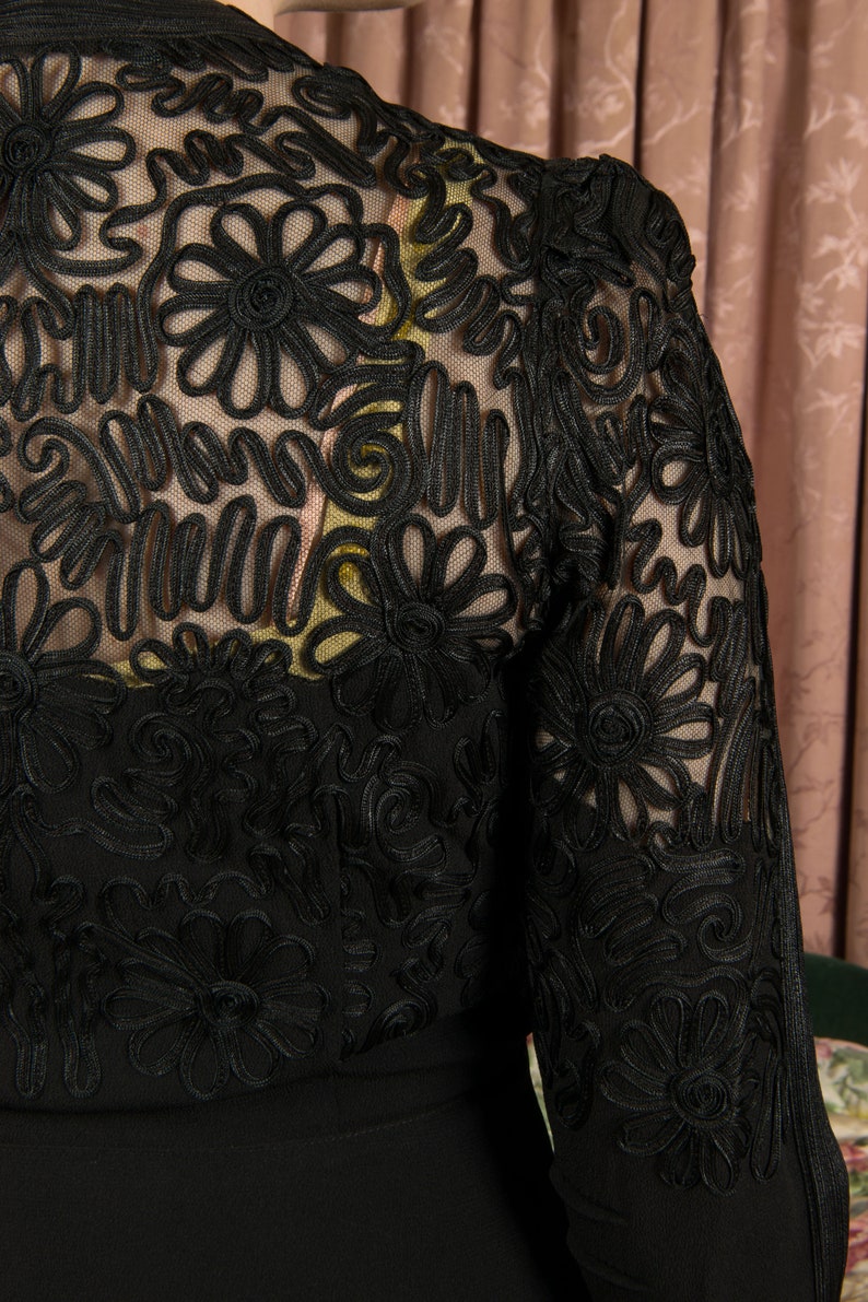 1930s Redingote Exquisite Mid to Late 1930s Vintage Evening Jacket Overdress in Lustrous Soutache Tape on Black Net and Rayon Crepe image 10