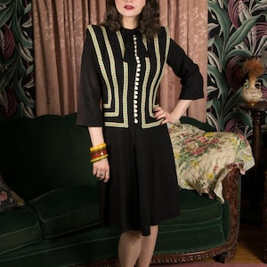 1940s Dress Fantastic Vintage 40s Juniors Dress in Black Linen with Printed Ribbon Striping and Self-Fabric Bowtie by Susan Shane image 2