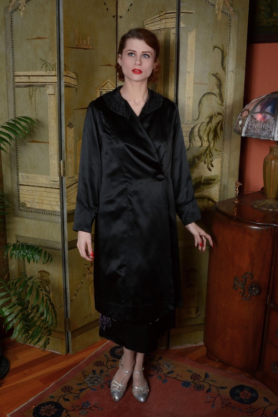 Antique 1910s 1920s Coat in Lustrous Silk Satin Charmeuse with Soutache Trim