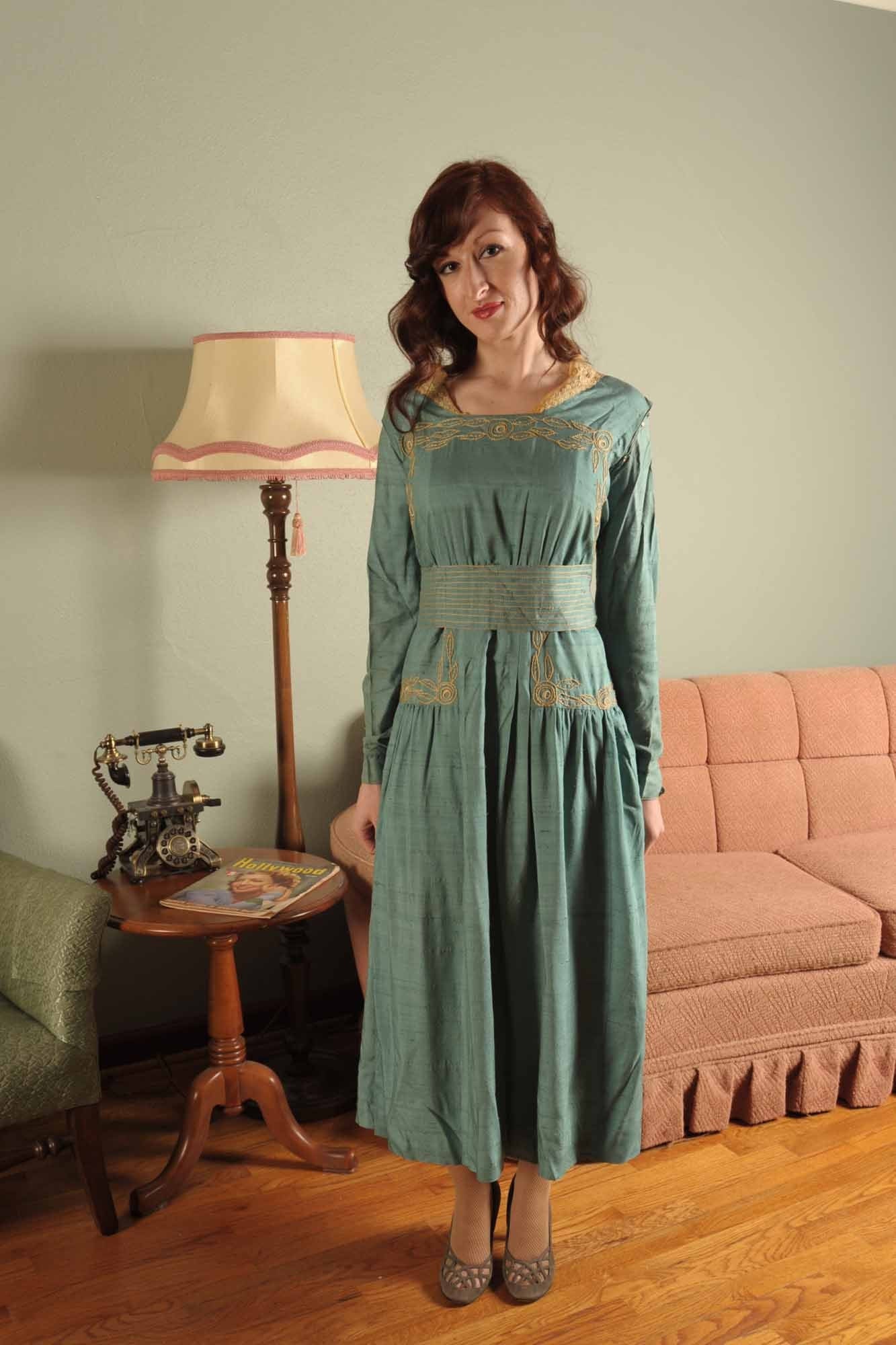Bluebird... An Antique Edwardian Era Day Dress Of Raw Silk in Blue With Cream Embroidery
