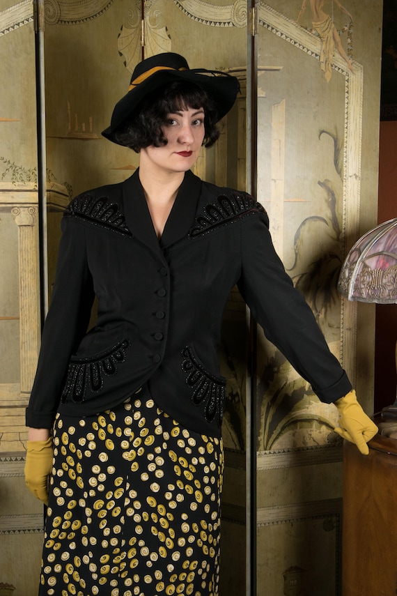 1940s Jacket - Bold Black Gabardine 40s Cocktail Jacket with Velvet Trim and Beading AS IS