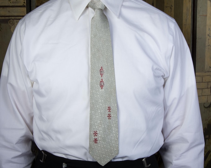 Vintage 1950s Lustrous Silver Brocade Tie with Red Screen Print