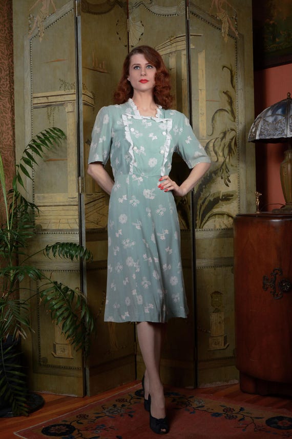 1930s Dress Sweet Late 30s/Early 40s Matte Rayon Day Dress in Aqua Blue and White AS IS