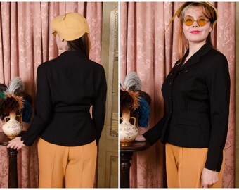 1950s Jacket - Smart Hattie Carnegie Tailored New Look Suit Jacket in Black Gabardine