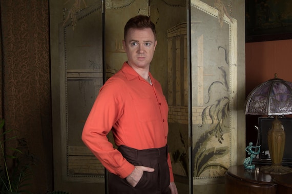 Vintage 1950s McGregor Drapey Rayon Loop Collar Patch Pocket Long Sleeve Shirt in Saturated Coral Salmon Hue