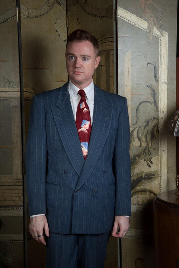 Rare Vintage Mid 1940s Bold Double Breasted Blue Striped Wool Suit 