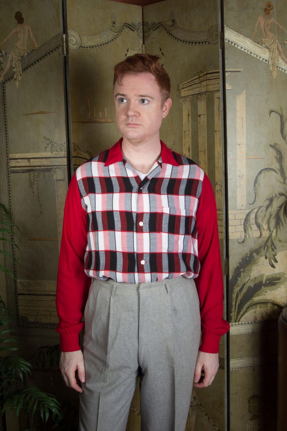 Vintage 1950s TALL Amberley Rockabilly Panel Shirt in Soft Red Rayon and Rayon Flannel Plaid