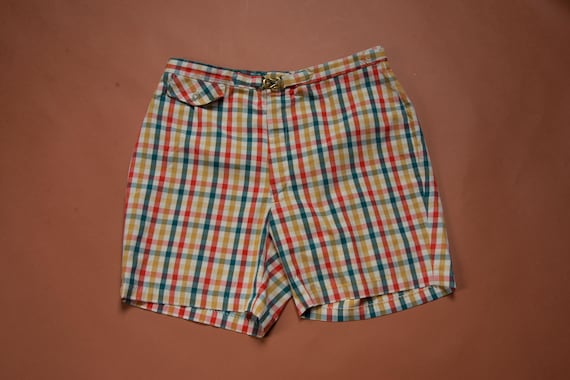 Vintage 1960s JANTZEN Shorts or Swim Trunks in Multi Plaid with Attached Belt