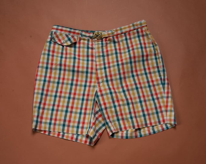 Vintage 1960s JANTZEN Shorts or Swim Trunks in Multi Plaid with Attached Belt