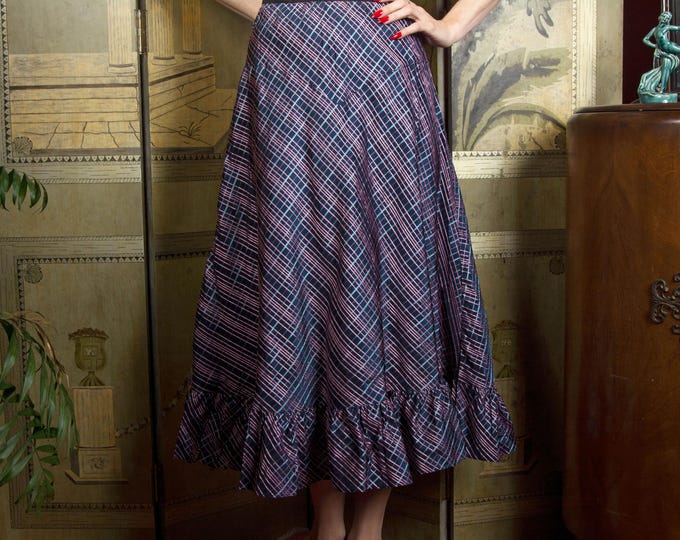Vintage Late 1940s New Look Crinoline Half Slip Skirt in Navy with Pastel Plaid Brocade and Ruffle