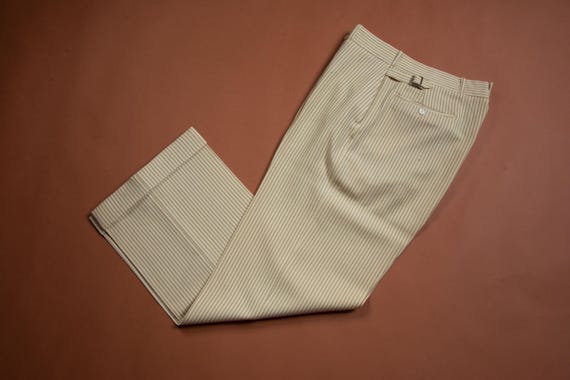 Vintage 1920s 30s Woven Wool Button Fly Striped Summer Pants in Ivory with Brown Pinstripe and Adjustable Side Buckles