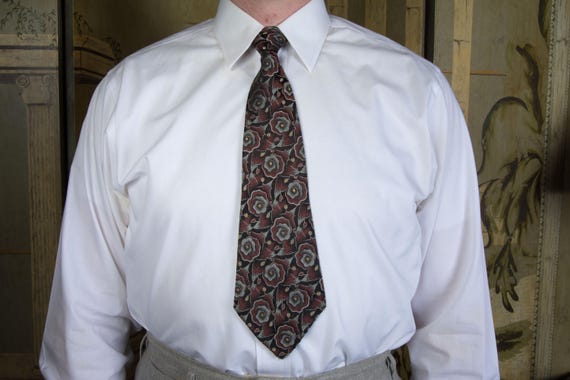 Vintage 1930s Brocade Tie in Dark Brown and Silvery Grey with Deco Roses