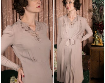 1930s Dress Set - Elegant Late 30s 2 Piece Ensemble of Dress and Redingote Jacket with Rouleaux in Earl Grey Color