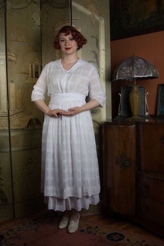 1910s Dress Set - Two Piece Mid to Late 1910s Lingerie Dress with Layering Skirt and Long Self-Fabric Sash