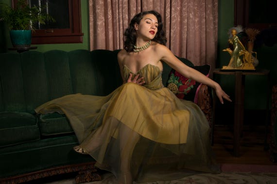 1950s Dress - Vintage 50s Strapless Cocktail Dress in Mustard and Grey Organza