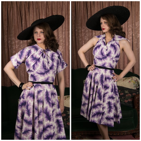 1950s Dress - Sensation Vintage 50s Halter Sundress in a Purple Feather Print on Cotton Pique with Matching Bolero Jacket