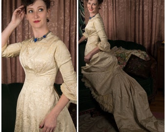 Authentic Victorian Dress - c. 1878-81 Authentic Victorian Ivory Silk Jacquard Wedding or Evening Dress